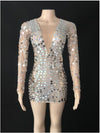 Flashing Silver Rhinestones Sequins Transparent Dress Bar Birthday Celebrate Outfit Evening Women Singer Short Dress