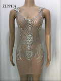 Fashion Shining Silver Crystals Mesh Perspective Dress for women