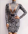 Black Gray Rhinestones Pearls Long Sleeves Dress Sexy Spandex Women Singer Outfit Birthday Celebrate Evening Dress