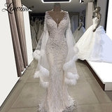 White Feather Muslim Formal Evening Dresses 2020 Custom Made Puffy Sleeves Mermaid Party Gowns Arabic Beaded Crystals Prom Dress