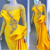 Charming Aso Ebi Evening Dresses Long 2020 Yellow Lace Beaded Crystals Prom Dresses Long Sleeves Formal Party Dresses