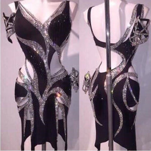Sparkly Silver Rhinestones Latin Dress Sexy Black Dance Dress Stones Female Singer Birthday Party Stage Show Dresses