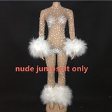 Silver Big Stones Feather See Through Jumpsuit Women Singer Dance Bar Cosplay Rhinestones Outfit Prom Party Outfit