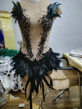 Sexy Mesh See Through Rhinestones Black Feather Dress Dance Costume Prom Birthday Celebrate Dresses