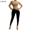 Mesh Single Sleeve Rhinestones Fringe Jumpsuit Black Velvet Leggings Outfit Prom Women Singer Dancer One-piece Wear