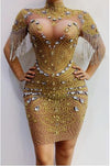 New Style Gold Rhinestones Fringe Transparent Dress Bar Birthday Celebrate Mesh Outfit Women Dancer Wear Prom Dress