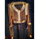 Women Sexy Gold Chains Costume Outfit Stage Performance bar Nightclub show Bra Chains Short coat Festival rave wear