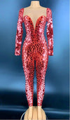 Red Mirror Transparent Chest Jumpsuit Prom Party Birthday Celebrate Outfit Women Bar Singer Dancer Outfit YOUDU