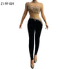 2020 Multi-color Stone Fringe Jumpsuit Black Velvet Leggings Dance Outfit Bar Singer Wear Transparent Sleeve Outfit