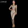 Shining Silver Rhinestones Spandex Jumpsuit Evening Birthday Celebrate Outfit Female Singer Prom Dance Clothes