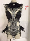 Bright Sequins Black Feather 4 Pieces Bodysuit