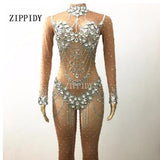 Sparkly Crystals Nude Rhinestones Bodysuit for Singer Birthday Dress