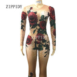 Sexy evening Multicolor Crystals Jumpsuit Evening Party Rose Flower Stretch Costume Stage Wear Rhinestone Celebrate Nude Dresses