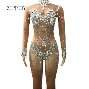 Sparkly Crystals Nude Rhinestones Bodysuit for Singer Birthday Dress