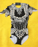 Black Shining Crystals Diamonds Sparkly Headpiece Outfit Bodysuit