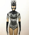 Black Shining Crystals Diamonds Sparkly Headpiece Outfit Bodysuit