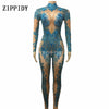 Blue Stones Sparkly Jumpsuit Fashion Sexy Nude Stretch Dance Costume One-piece Bodysuit Nightclub Oufit Party Leggings