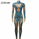Blue Stones Sparkly Jumpsuit Fashion Sexy Nude Stretch Dance Costume One-piece Bodysuit Nightclub Oufit Party Leggings