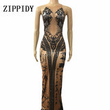 Chinese Bamboo Printed Long Dress Bright Crystals One-piece Costume Female Singer Nigjtclub Party Show Celebrate Outfit Clothes