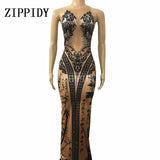 Chinese Bamboo Printed Long Dress Bright Crystals One-piece Costume Female Singer Nigjtclub Party Show Celebrate Outfit Clothes