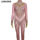 Sparkly Crystals Pearls Pink Rhinestones Elastic Bodysuit for Female