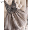 Sparkle Crystal Beaded Short Cocktail Dresses Gray Homecoming Dress Double V-neck Sexy Shiny Mini Prom Gowns Abiye Vestidos