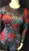 Sexy evening Multicolor Crystals Jumpsuit Evening Party Rose Flower Stretch Costume Stage Wear Rhinestone Celebrate Nude Dresses