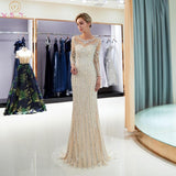 Beaded Evening Dresses Luxury Gray/Champagne Mermaid Crystal Sweep Train Long Sleeves Gray Sheer Neck Prom Formal Party Gown