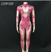 Rose Stones Sparkly Jumpsuit Fashion Spandex Stretch Shining Dance Costume One-piece Bodysuit Nightclub Outfit Party Leggings